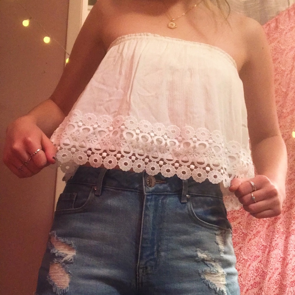 Hollister strapless white crop top w/ detailing